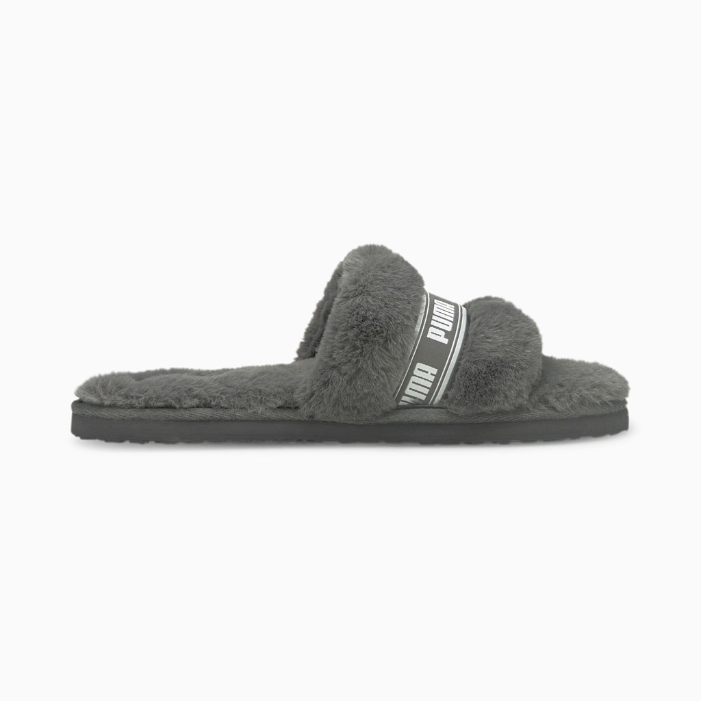 Charcoal Gray / White Puma Fluff Slide Jr Girls' Slides | 9042ZWIJV