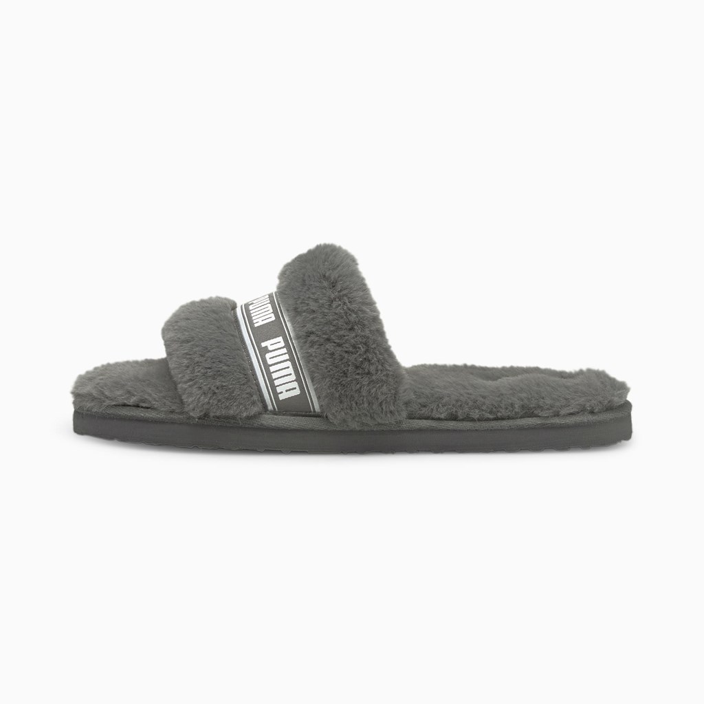 Charcoal Gray / White Puma Fluff Slide Jr Girls\' Slides | 9042ZWIJV