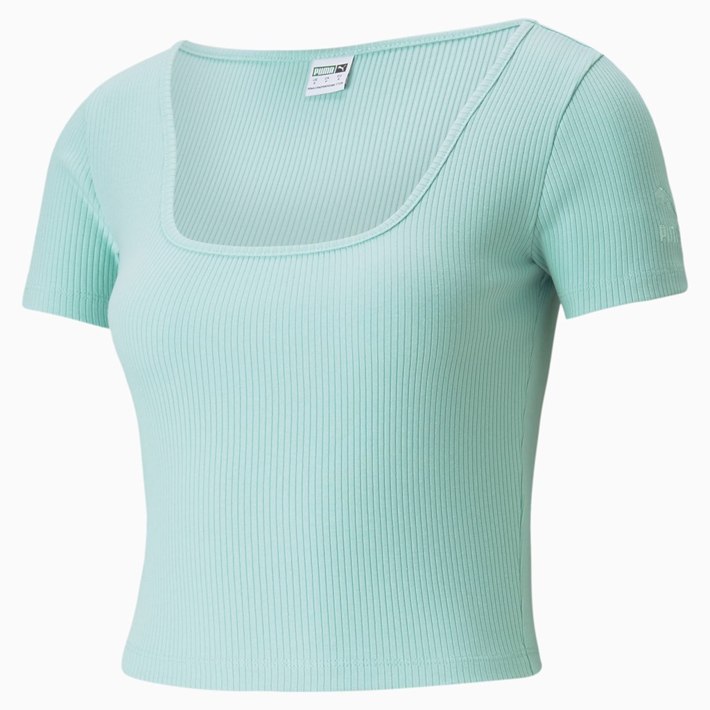 Eggshell Blue Puma Classics Ribbed Fitted Women's Tee | 5602LSGRC