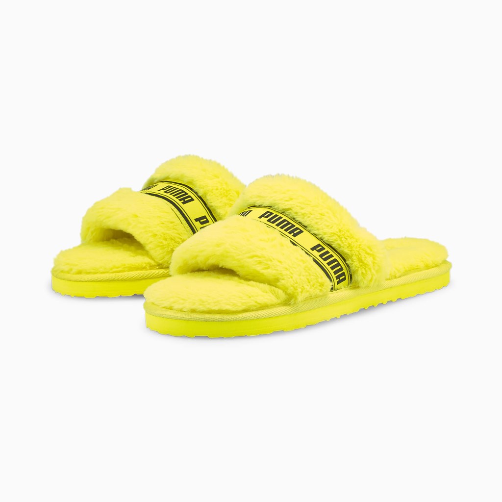 Fluo Yellow Black Puma Fluff  Women's Slides | 8673RIDNG