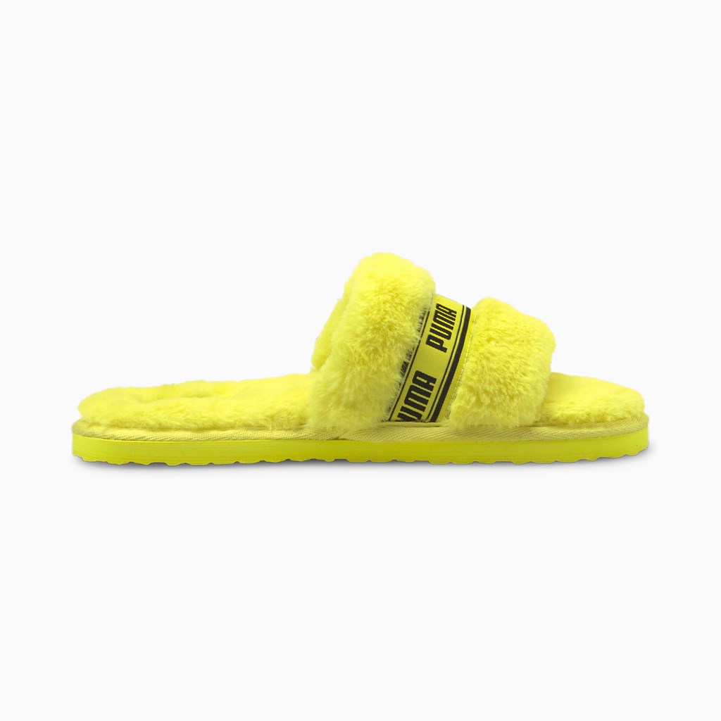 Fluo Yellow Black Puma Fluff  Women's Slides | 8673RIDNG