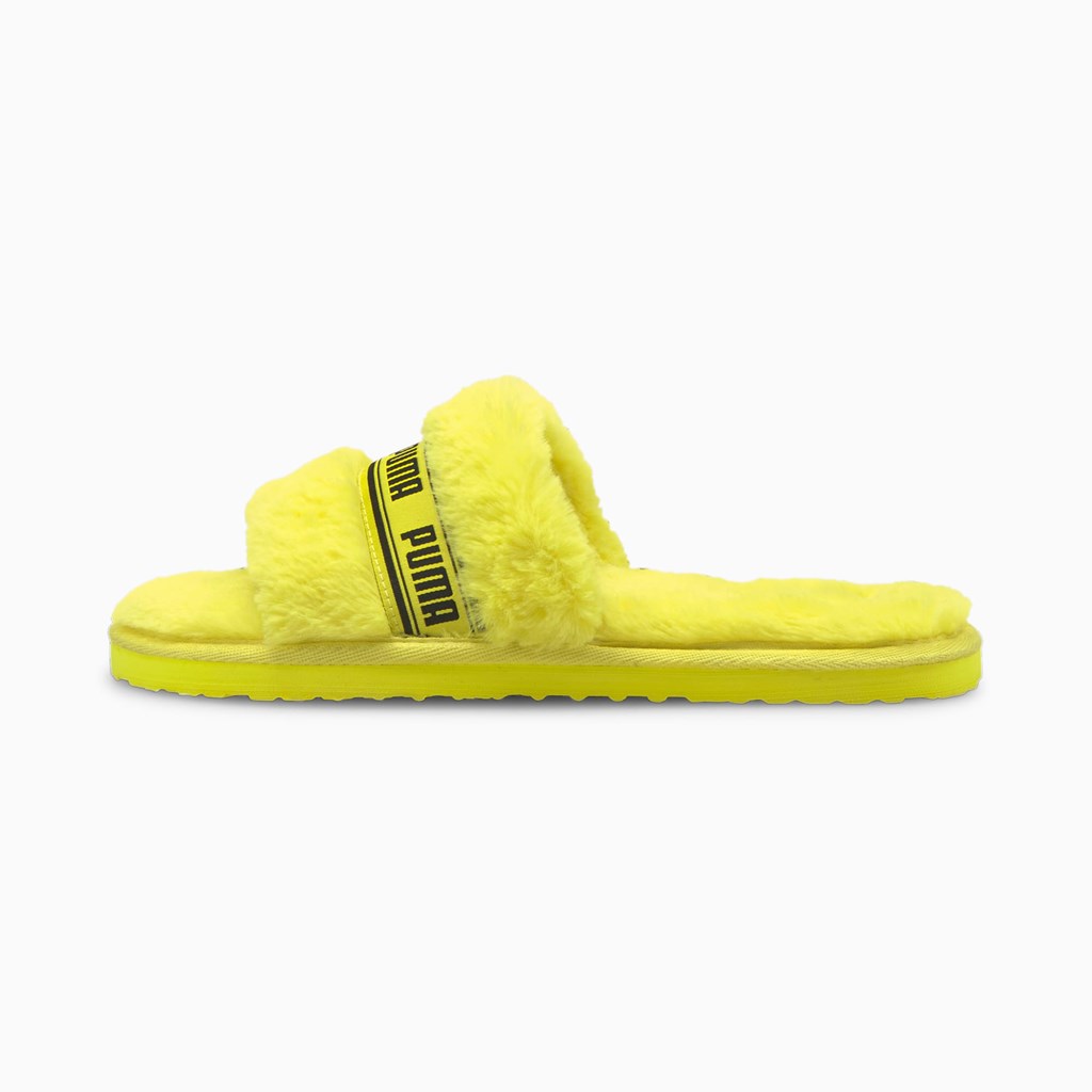 Fluo Yellow Black Puma Fluff  Women\'s Slides | 8673RIDNG