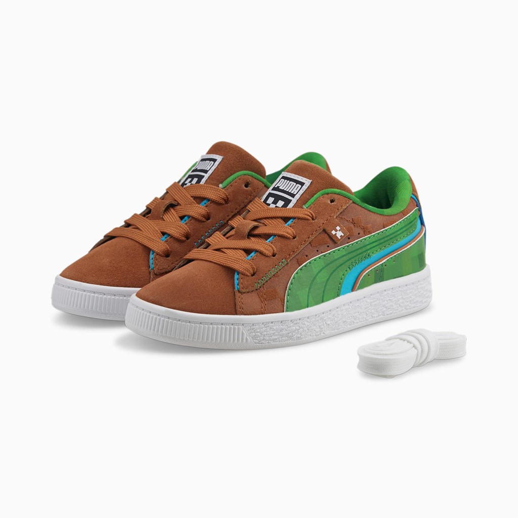 Friar Brown / Fern Green Puma PUMA x MINECRAFT Suede Little Girls' Sneakers | 6829QNMRW