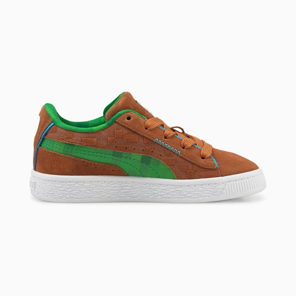 Friar Brown / Fern Green Puma PUMA x MINECRAFT Suede Little Girls' Sneakers | 6829QNMRW