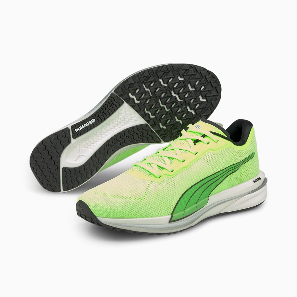 Green Glare / Black / Silver Puma Velocity NITRO Men's Running Shoes | 9742TOPFW