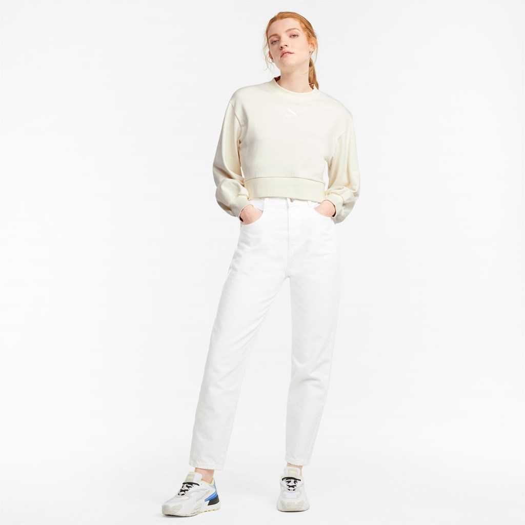 Ivory Glow Puma Classics Puff Sleeve Crew Neck Women's Sweatshirt | 2098MIYFA