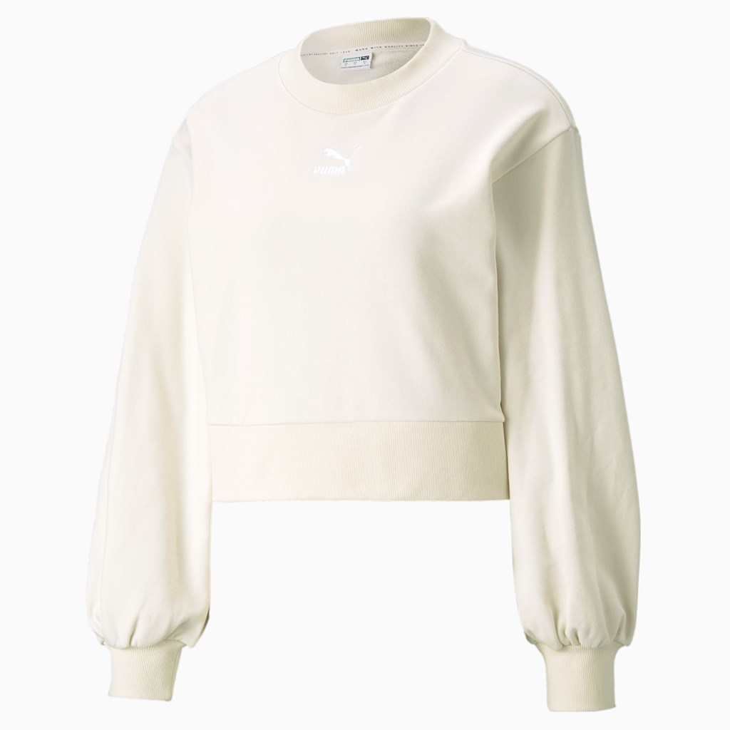 Ivory Glow Puma Classics Puff Sleeve Crew Neck Women's Sweatshirt | 2098MIYFA