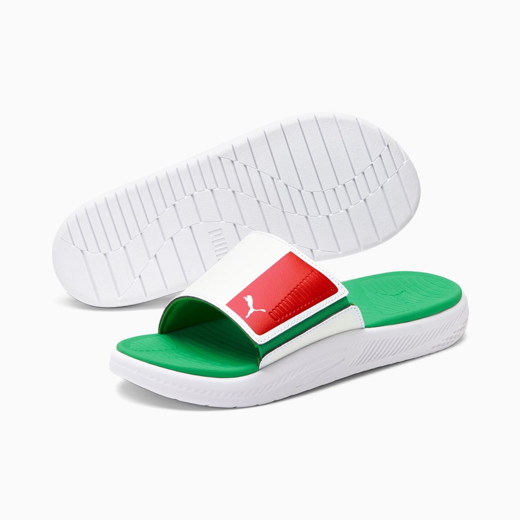 Kelly Green / Flame Scarlet / White Puma Italy Softride Men's Slides | 5369CAPZS