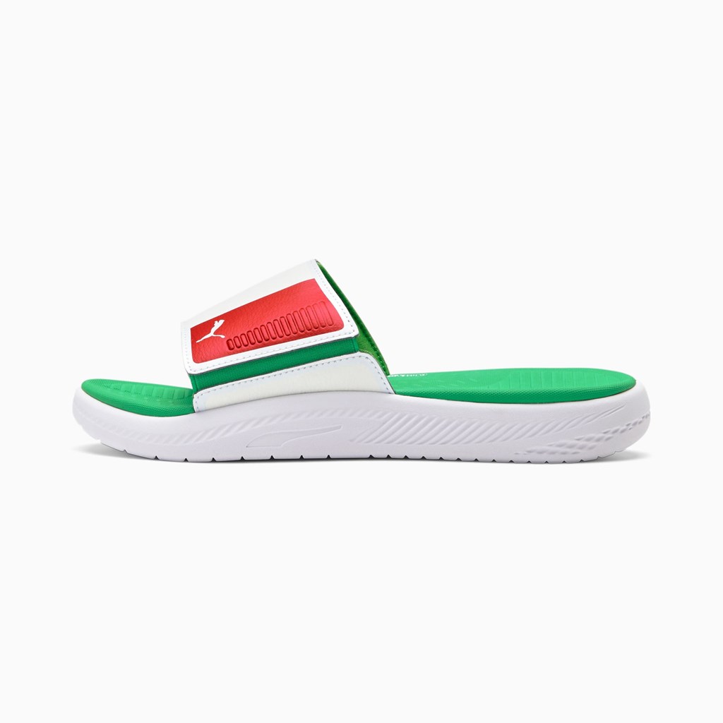 Kelly Green / Flame Scarlet / White Puma Italy Softride Men\'s Slides | 5369CAPZS