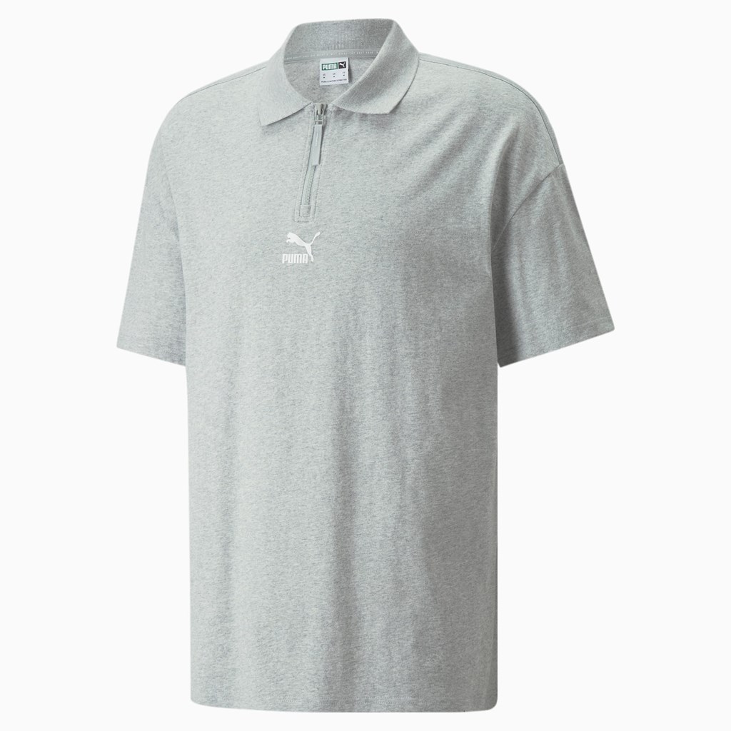 Light Gray Heather Puma Classics Boxy Zip Men's Polo Shirt | 8439NYXBC