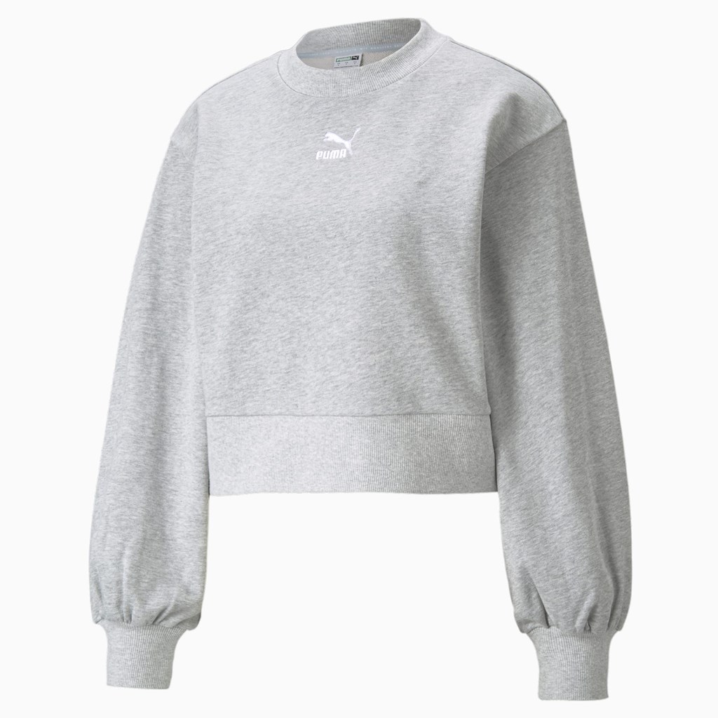 Light Gray Heather Puma Classics Puff Sleeve Crew Neck Women\'s Sweatshirt | 2706YIJME