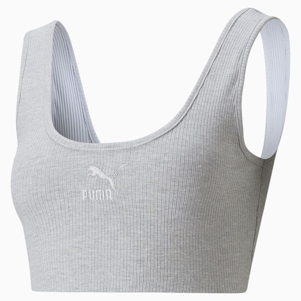 Light Gray Heather Puma Classics Ribbed Crop Women's Top | 0453DONLU