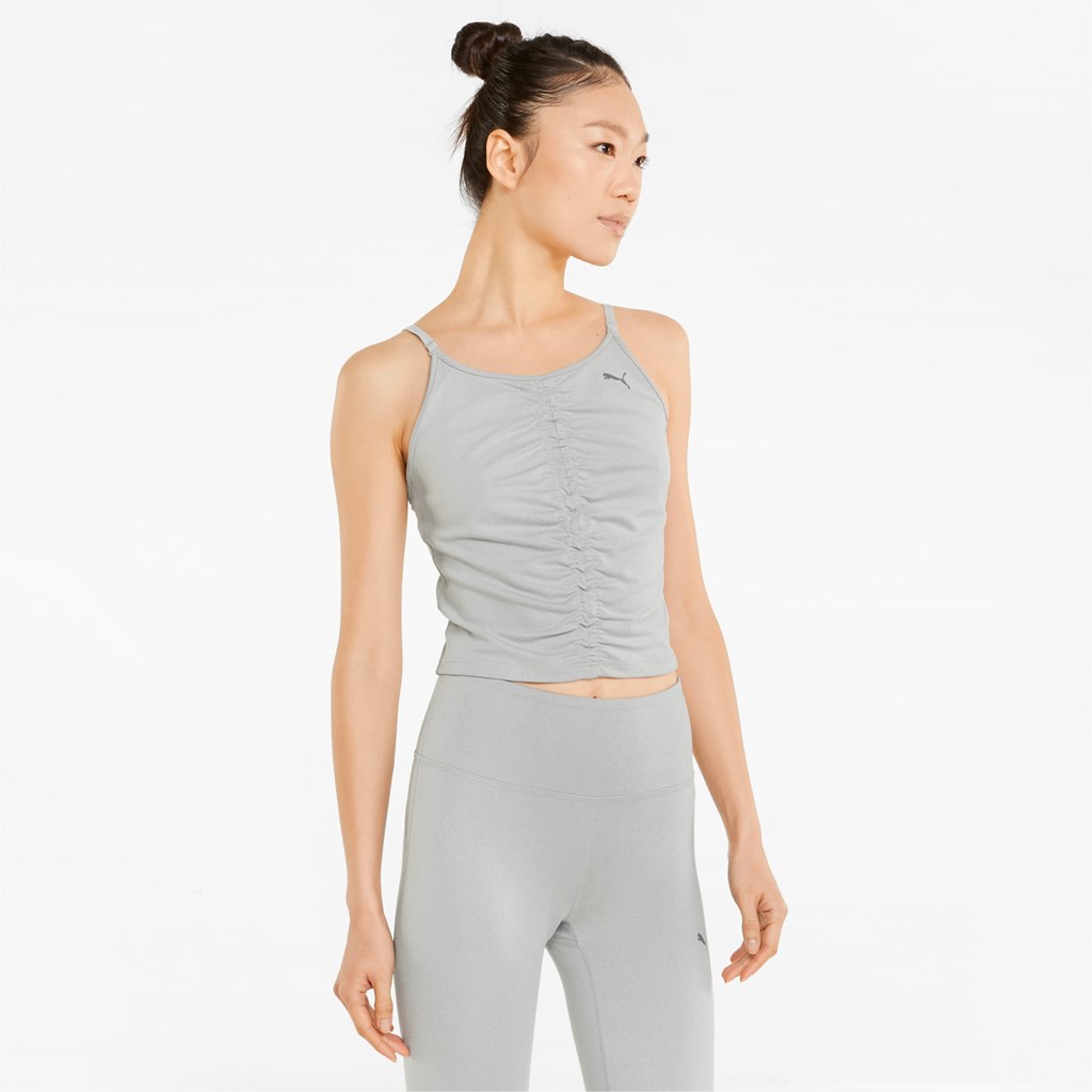 Light Gray Heather Puma Studio Foundation Ruched Training Women\'s Tank Top | 9102GLXHC