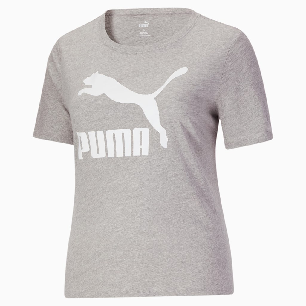 Light Gray Heather White Puma Classics Logo PL Women's Tee | 7350OVFTL