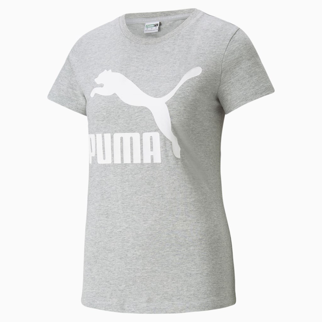 Light Gray Heather White Puma Classics Logo Women's Tee | 9361KFJAG