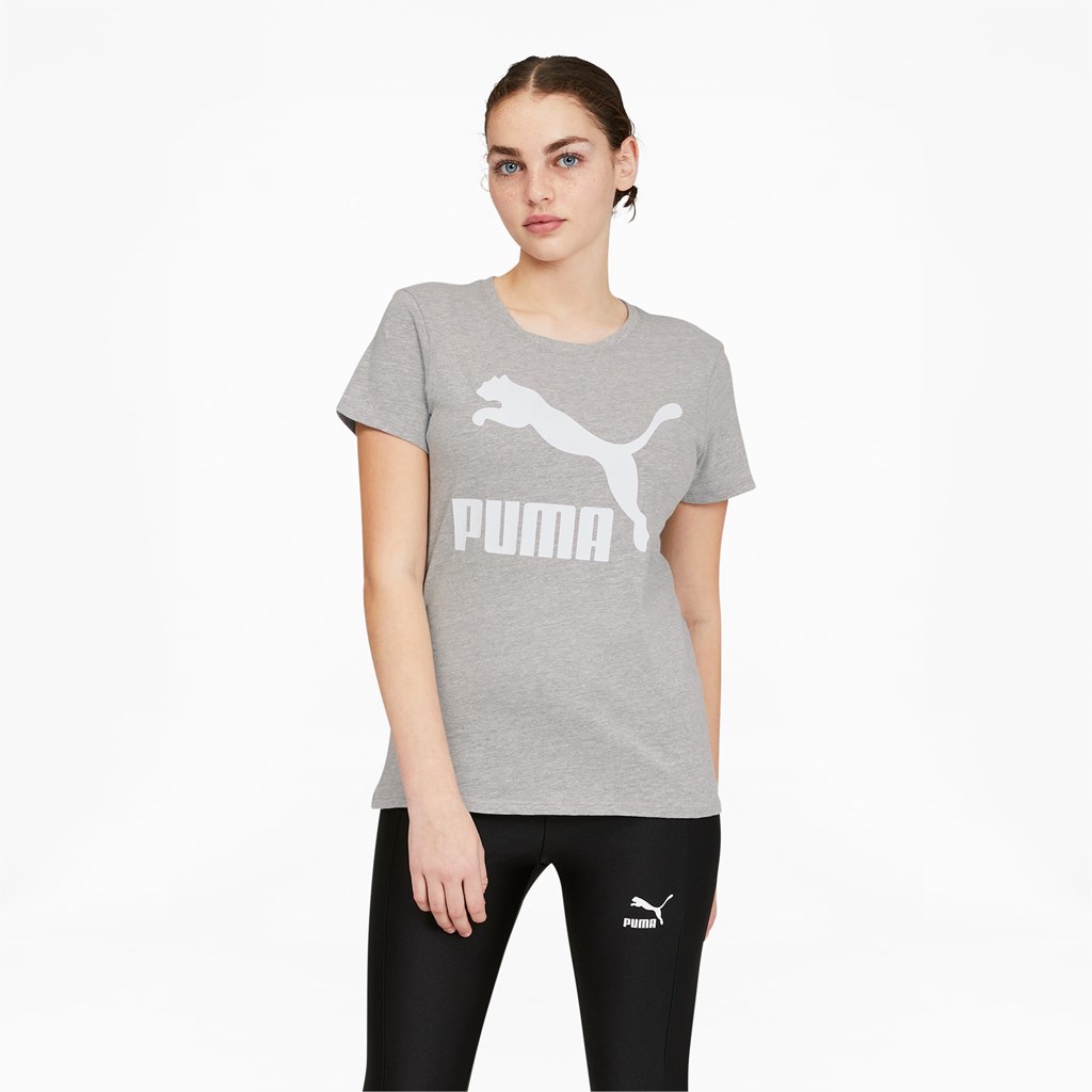 Light Gray Heather White Puma Classics Logo Women\'s Tee | 9361KFJAG