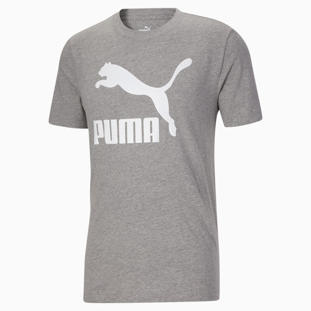 Medium Gray Heather / White Puma Classics Logo Men\'s Tee | 0483PEIGF