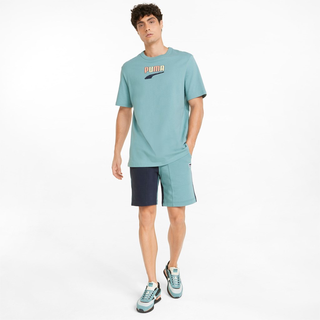 Mineral Blue Puma Downtown Logo Crew Neck Men's Tee | 2467KPCYL