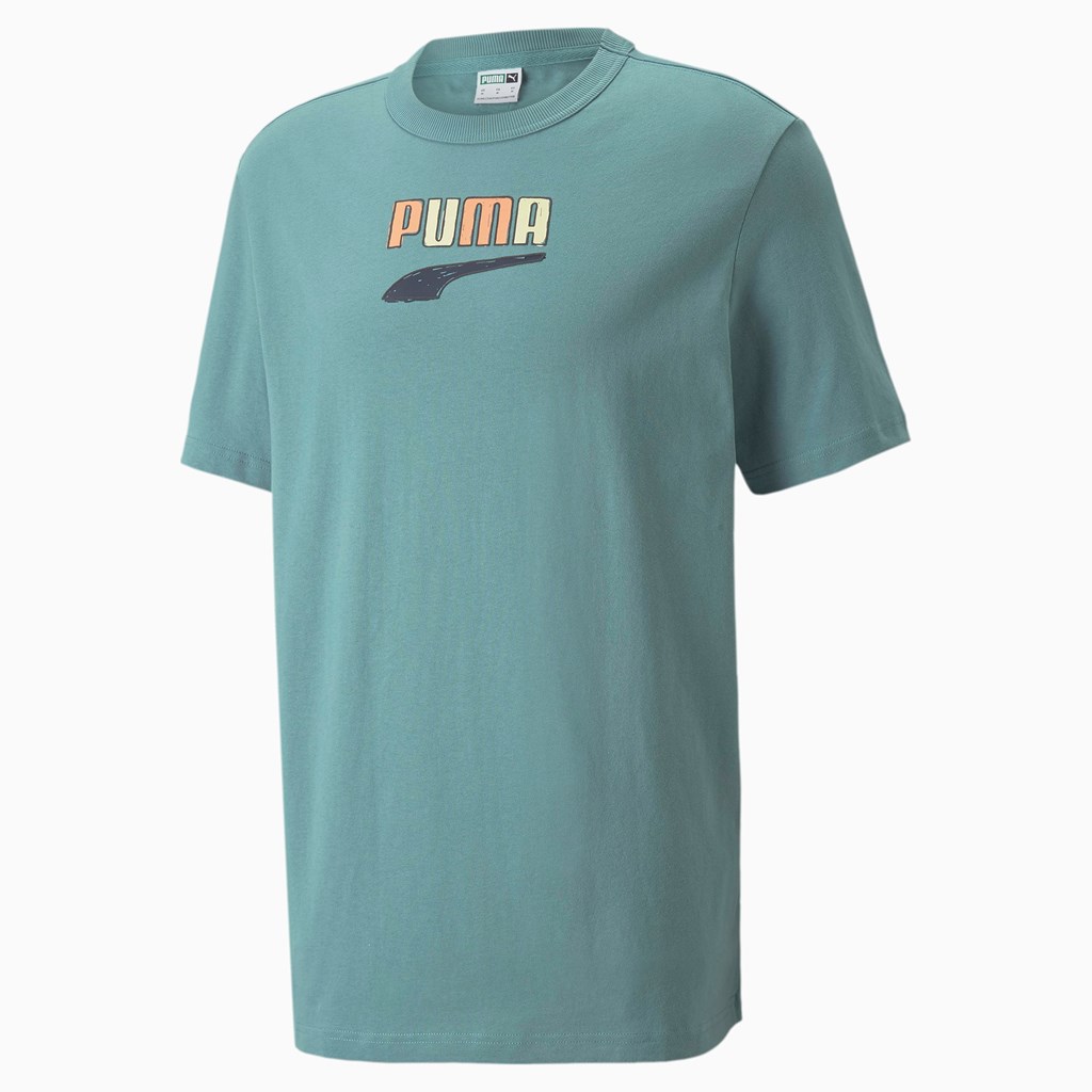 Mineral Blue Puma Downtown Logo Crew Neck Men's Tee | 2467KPCYL