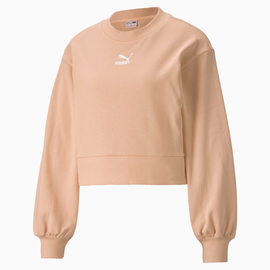 Peach Parfait Puma Classics Puff Sleeve Crew Neck Women's Sweatshirt | 0481NQOYZ