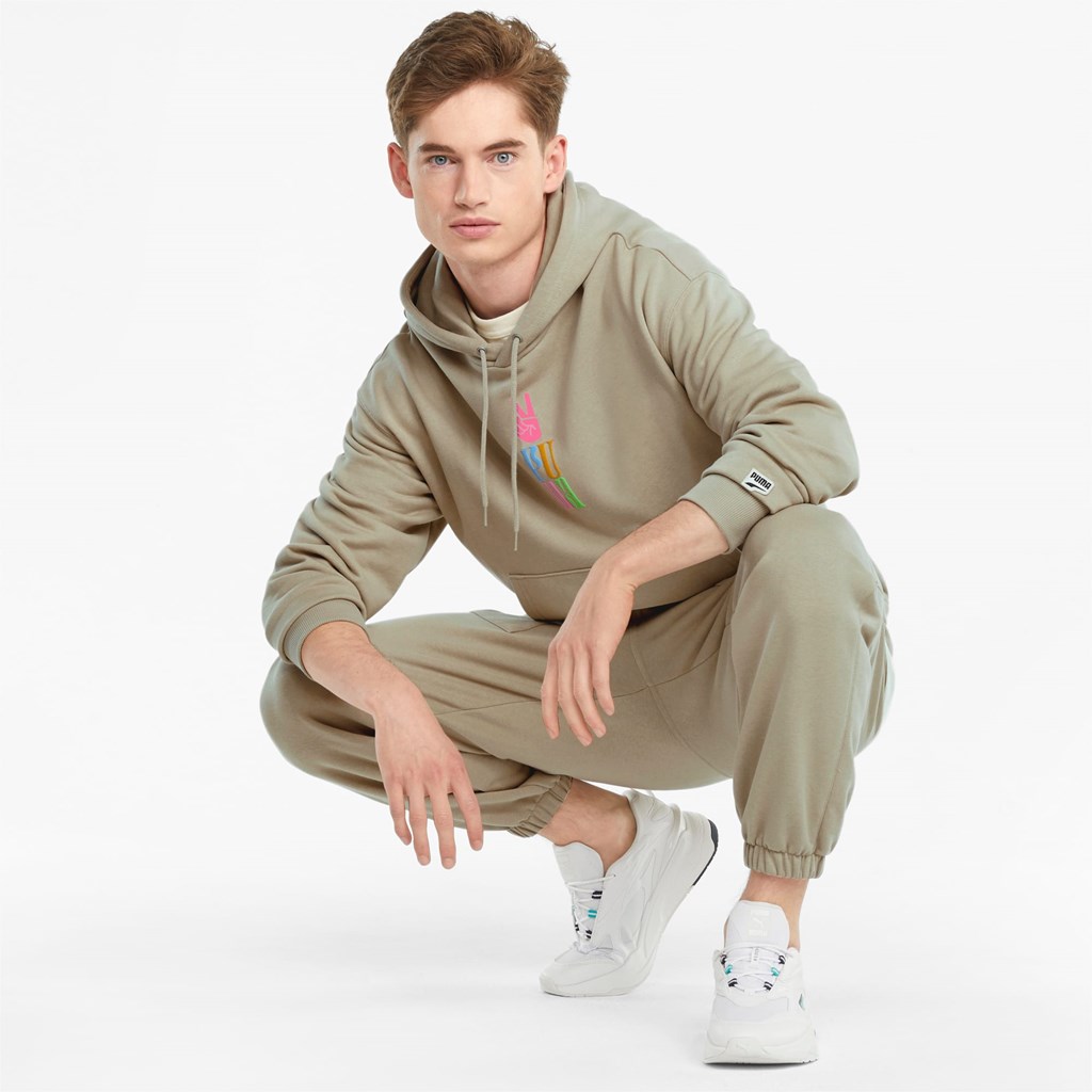 Spray Green Puma Downtown Graphic French Terry Men's Hoodie | 0978CKQEI