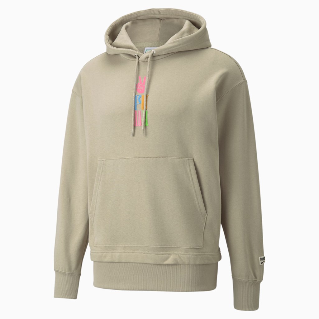 Spray Green Puma Downtown Graphic French Terry Men's Hoodie | 0978CKQEI