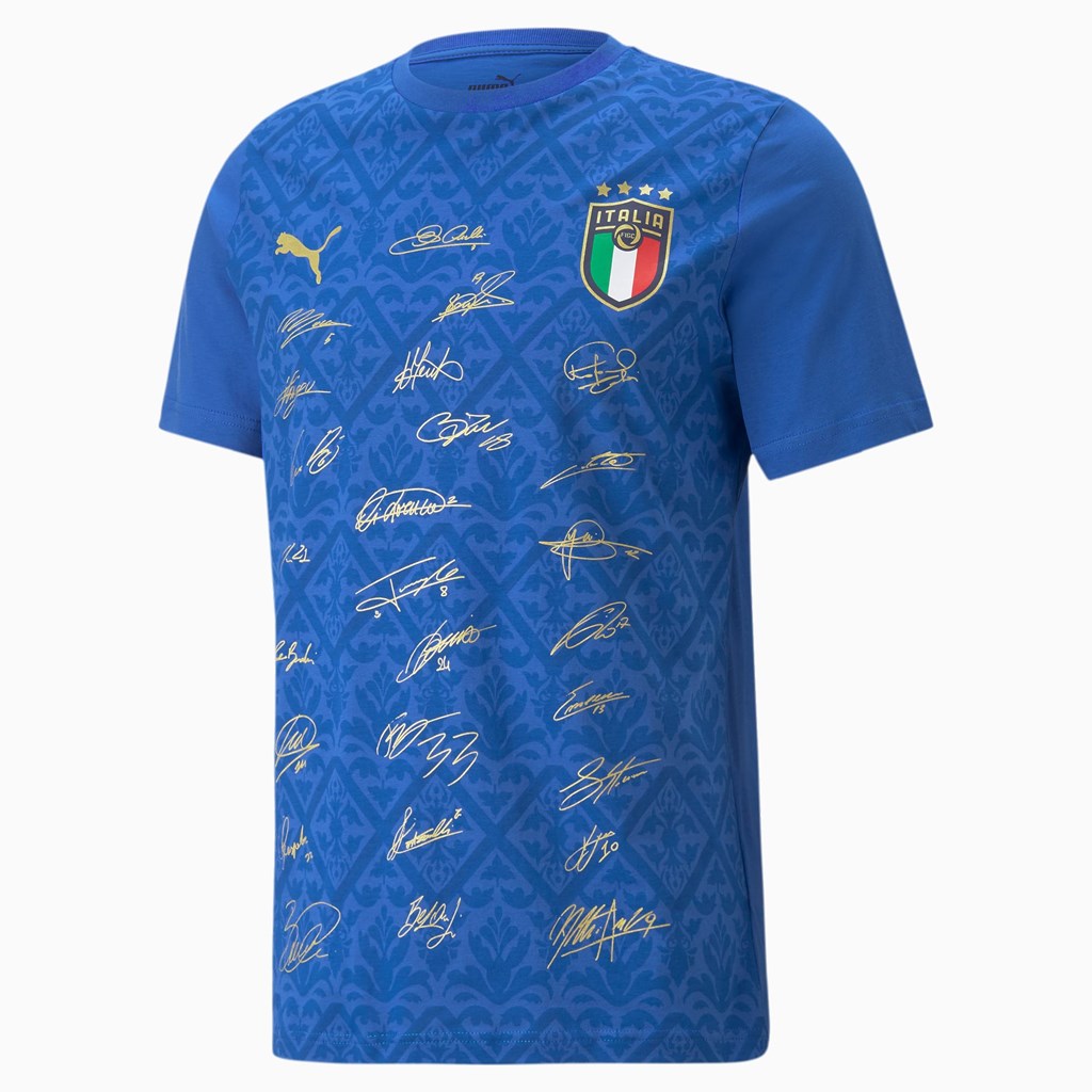 Team Power Blue / Team Gold Puma FIGC Signature Winner Soccer Men\'s Tee | 1934NQLVO