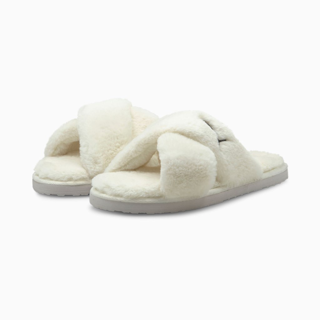 Whisper White Black Puma Fluff X Strap  Women's Slide | 4810LZIXN