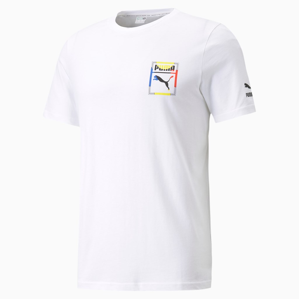 White / 1 Puma Graphic Box Logo Play Men\'s Tee | 8907PWHXQ