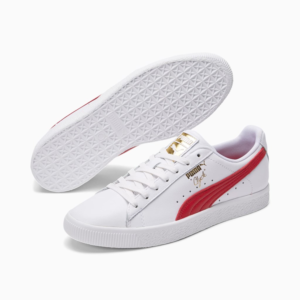 White / Barbados Cherry / Team Gold Puma Clyde Core Foil Men's Sneakers | 9075SNGFK