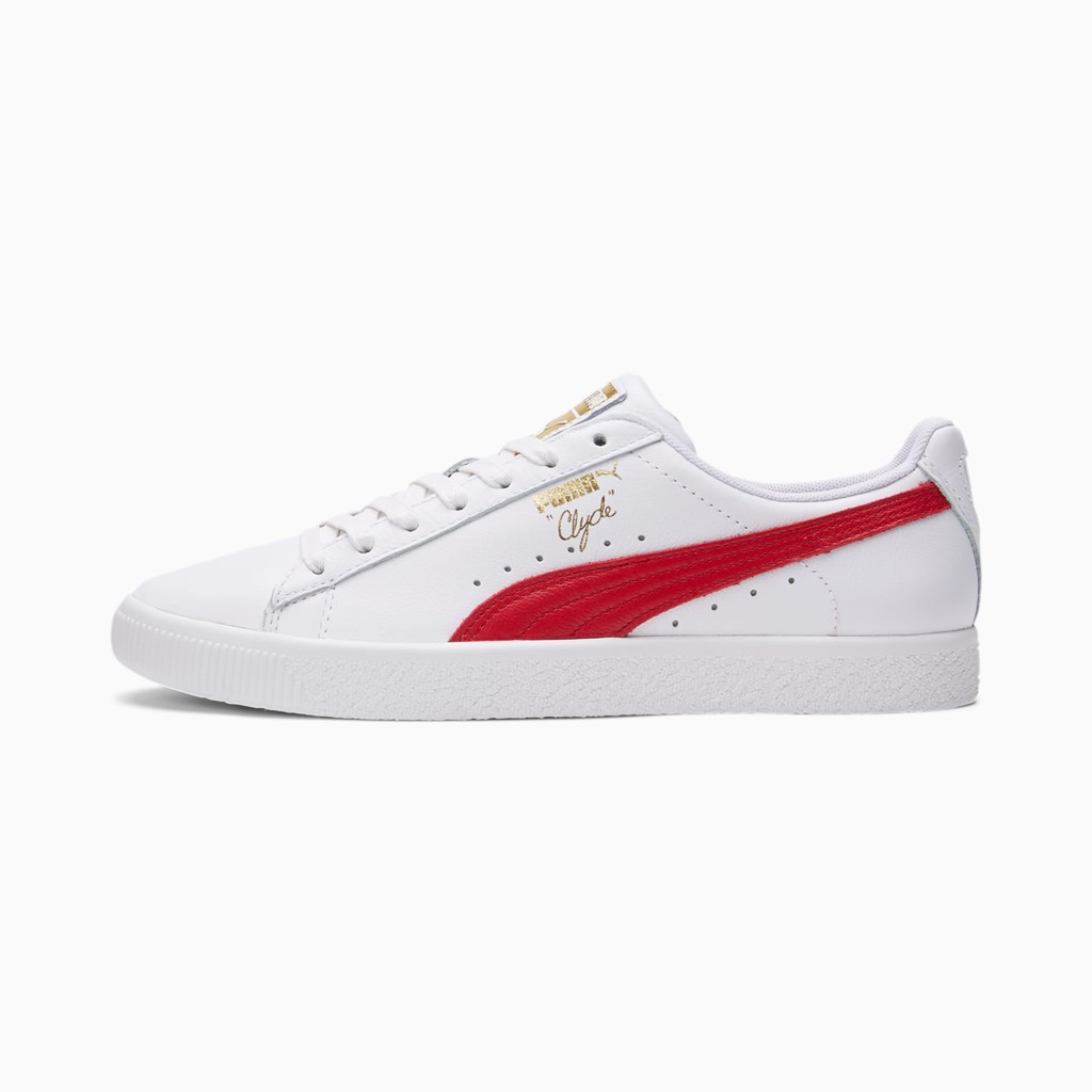 White / Barbados Cherry / Team Gold Puma Clyde Core Foil Men\'s Sneakers | 9075SNGFK