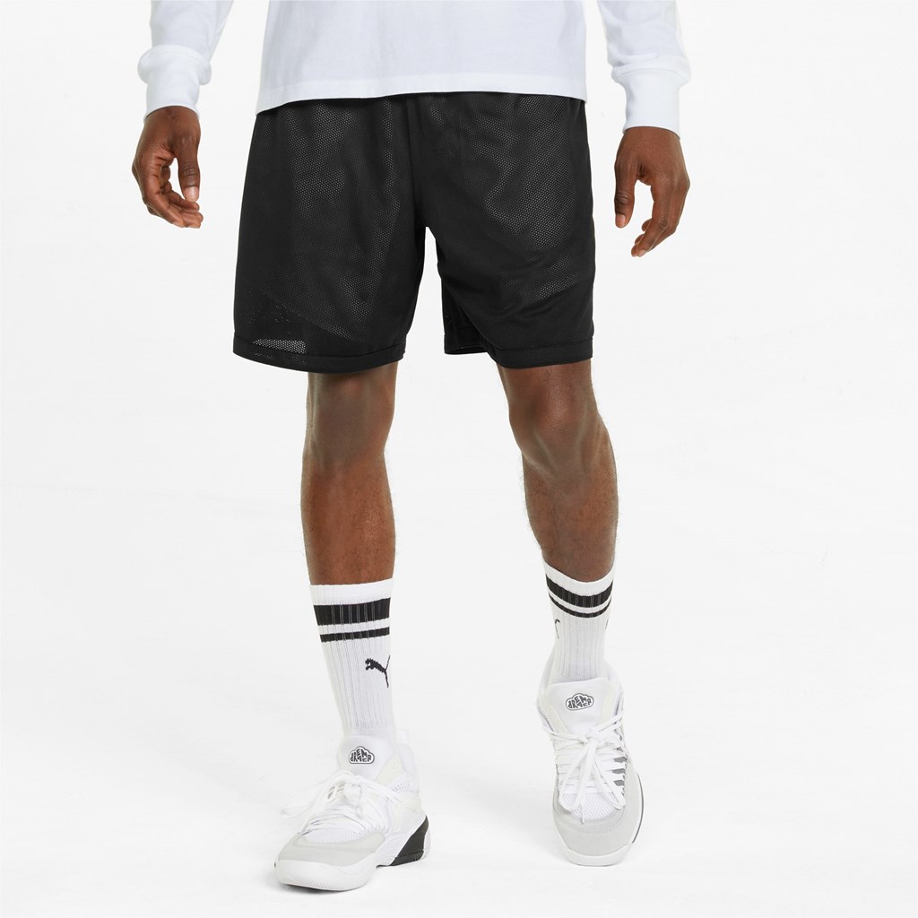 White / Black Puma Pick and Roll Basketball Men's Shorts | 8215TWAOP