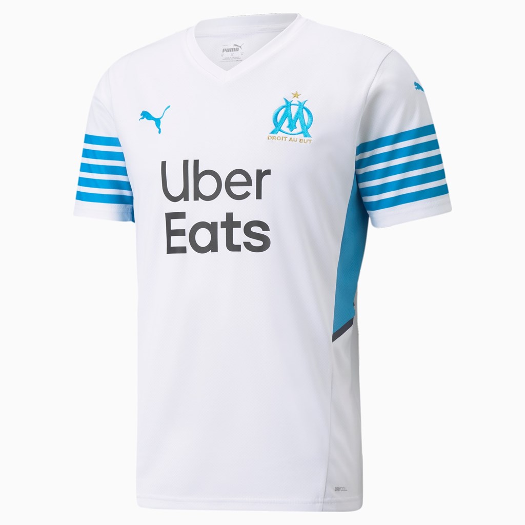 White / Bleu Azur Puma OM Home Replica with Sponsors Men\'s Jersey | 2803WVKTE