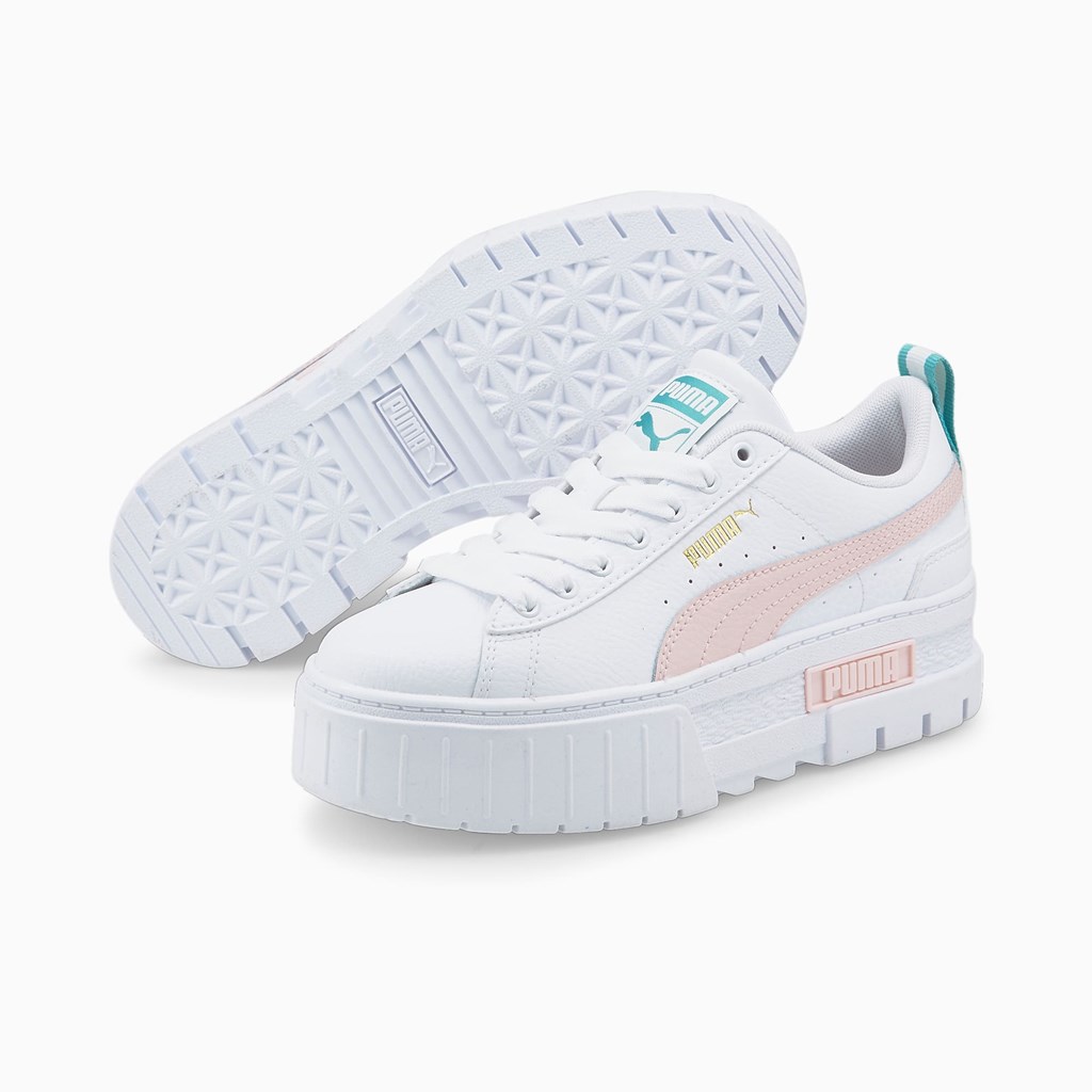 White / Chalk Pink Puma Mayze Leather Jr Girls' Sneakers | 3679MJADG