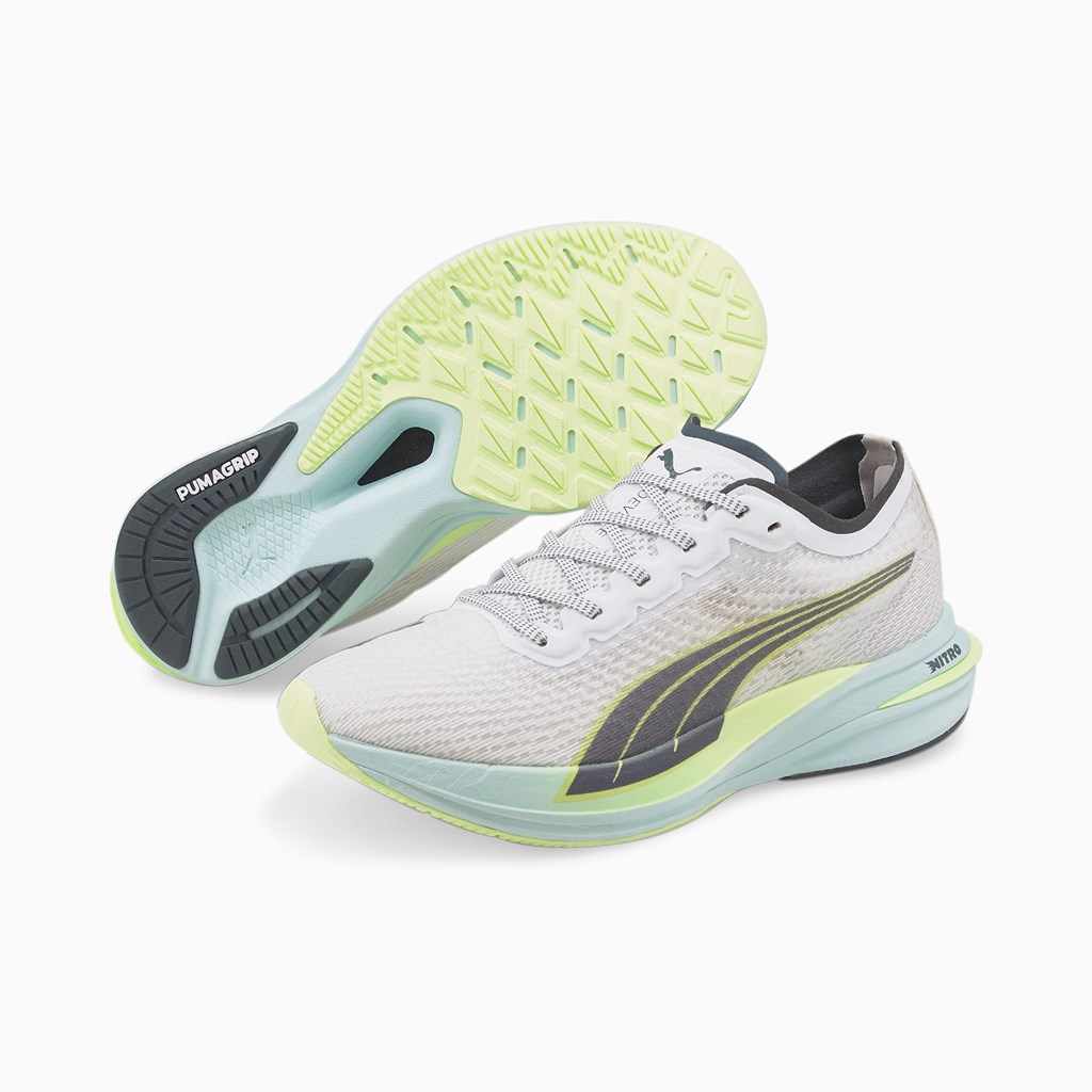 White / Dark Slate / Fizzy Light Puma Deviate NITRO Women's Running Shoes | 9158CGVNO