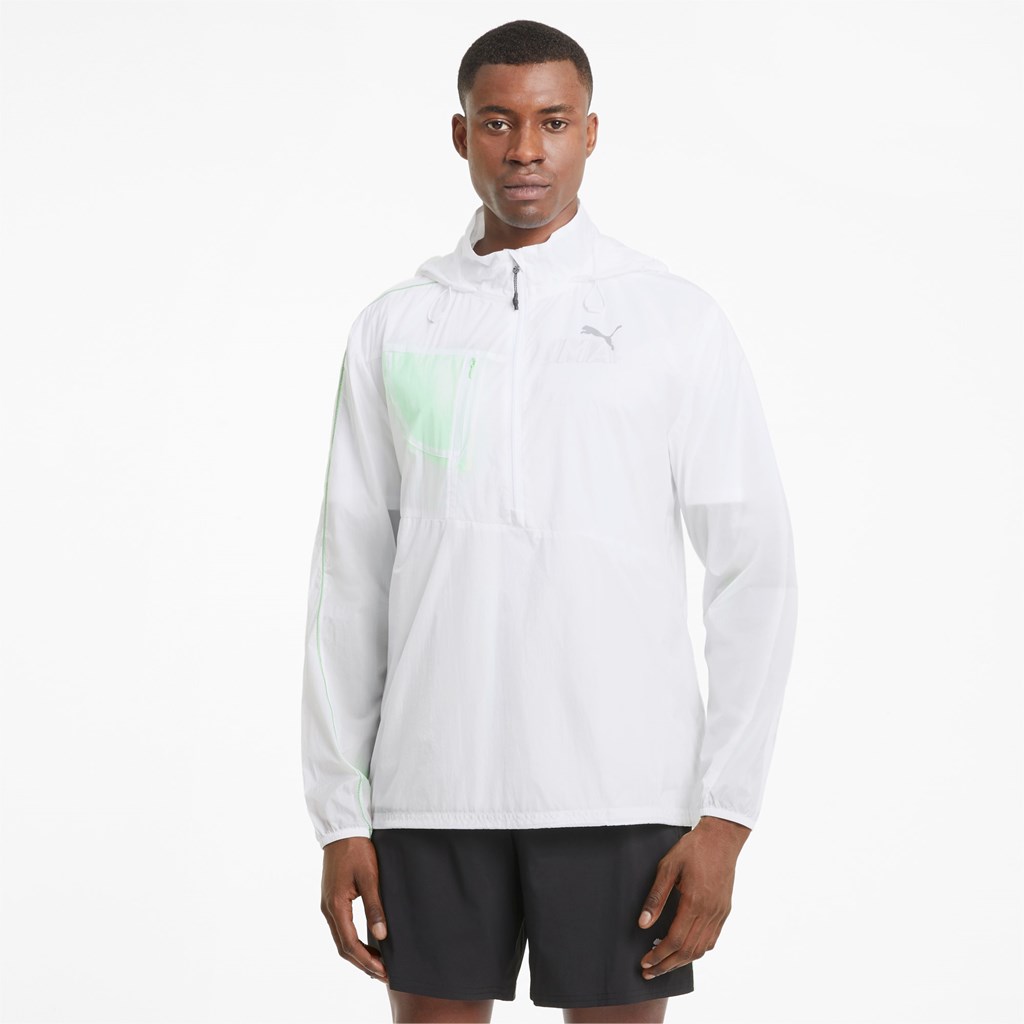 White / Elektro Green Puma Woven Running Men\'s Jacket | 7128RVKXU