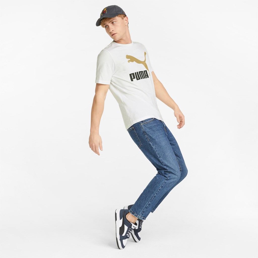 White / Gold Puma Classics Logo Metallic Men's Tee | 7936CTMED