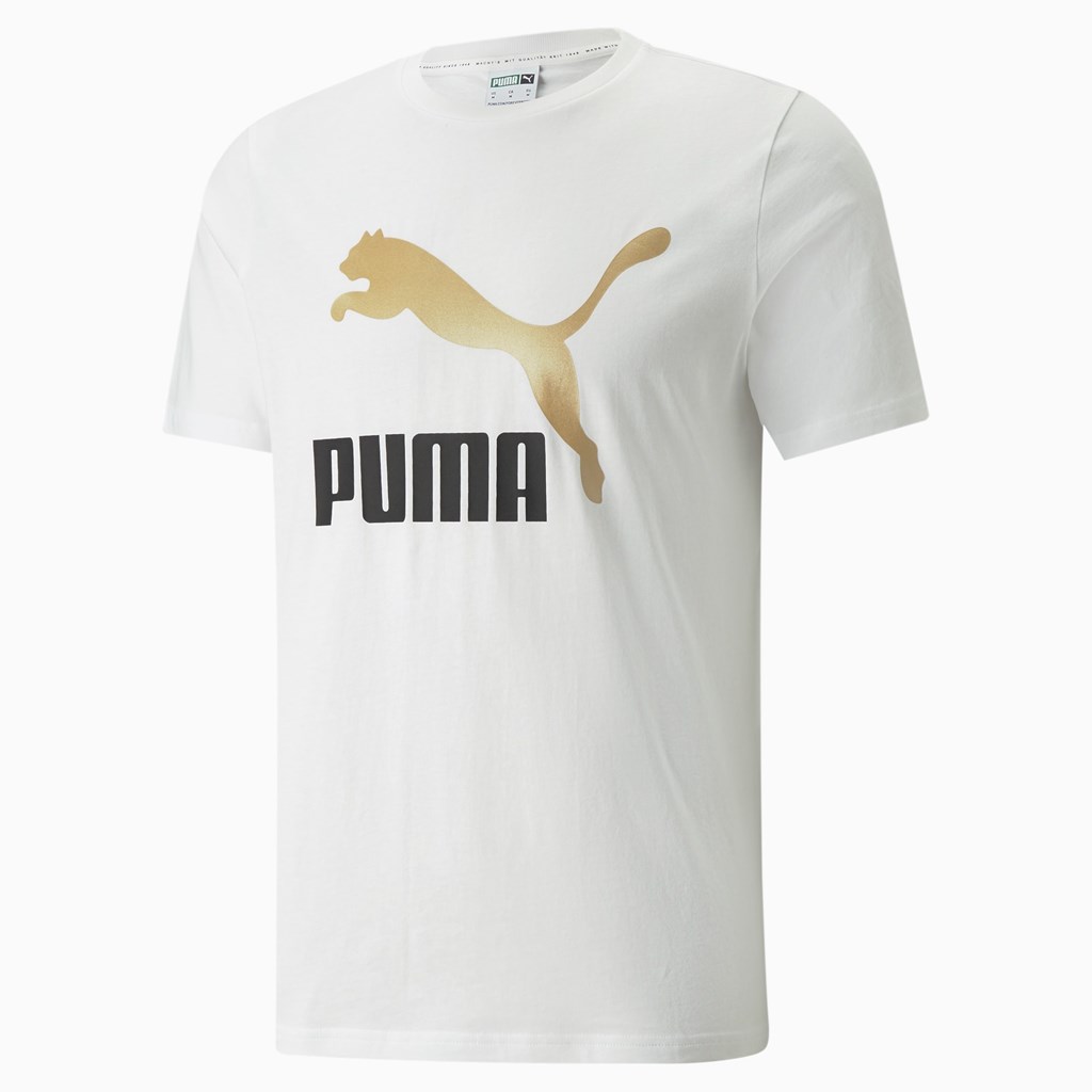 White / Gold Puma Classics Logo Metallic Men's Tee | 7936CTMED