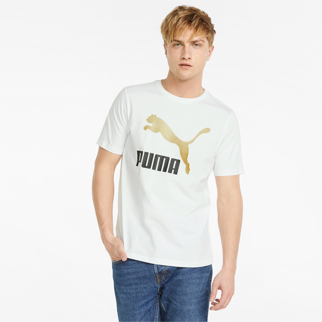 White / Gold Puma Classics Logo Metallic Men\'s Tee | 7936CTMED