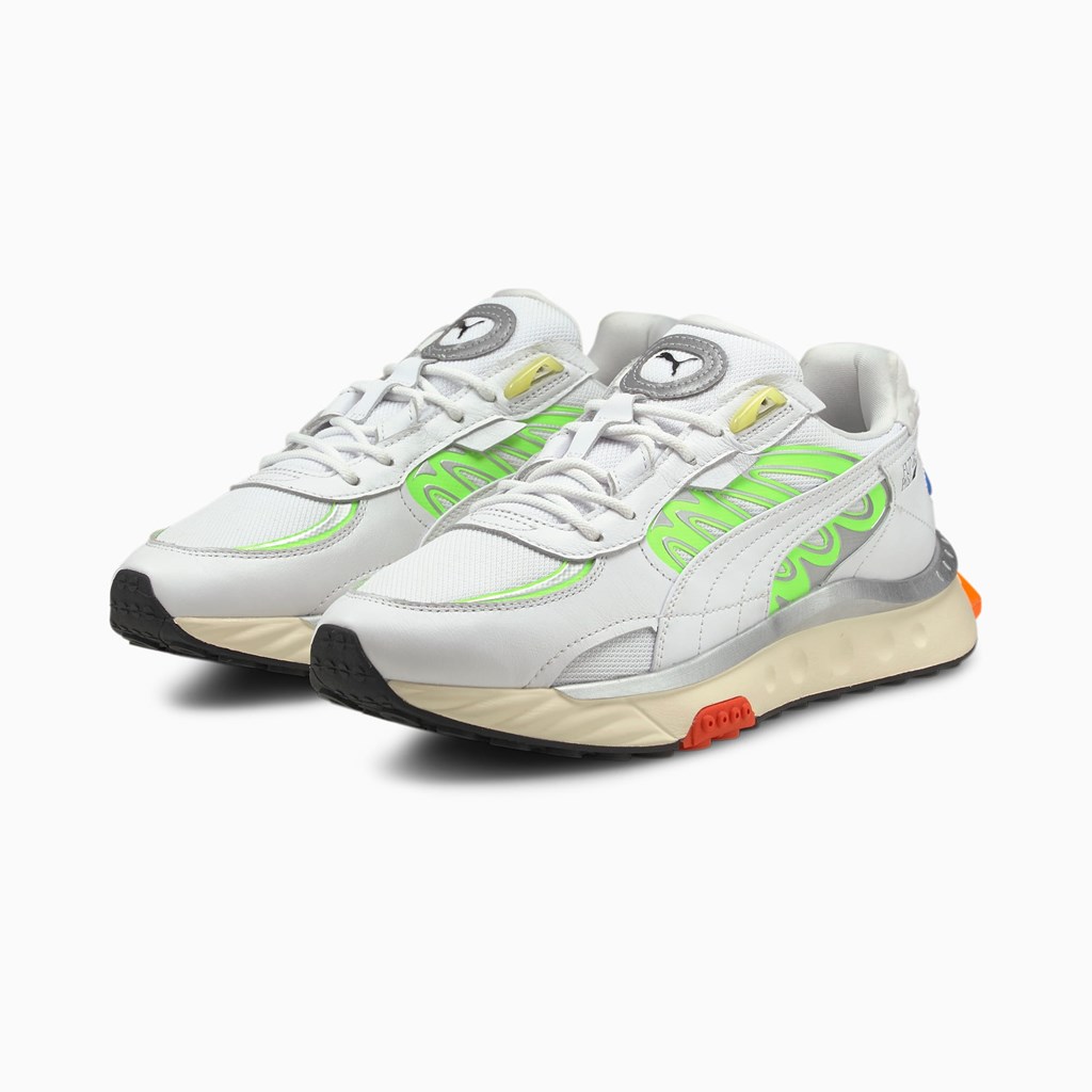 White / Green Glare Puma Wild Rider Techno Men's Sneakers | 8503IXTZW