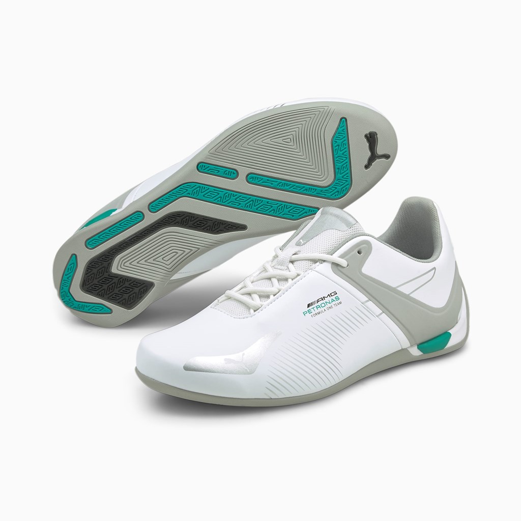 White / Mercedes Team Silver / Spectra Green Puma Mercedes F1 A3ROCAT Men's Motorsport Shoes | 8416CKUSD