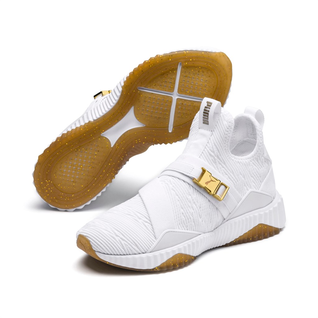 White / Metallic Gold Puma Defy Varsity Mid  Women's Sneakers | 1408WEJCG