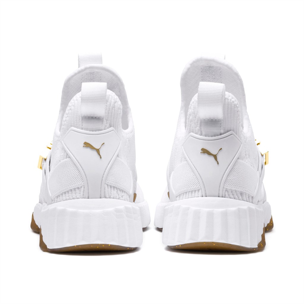 White / Metallic Gold Puma Defy Varsity Mid  Women's Sneakers | 1408WEJCG