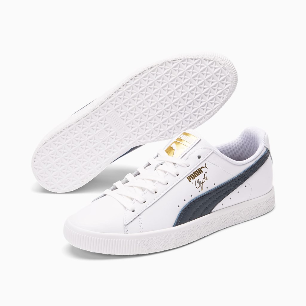 White / New Navy / Team Gold Puma Clyde Core Foil Men's Sneakers | 0216JRYNV