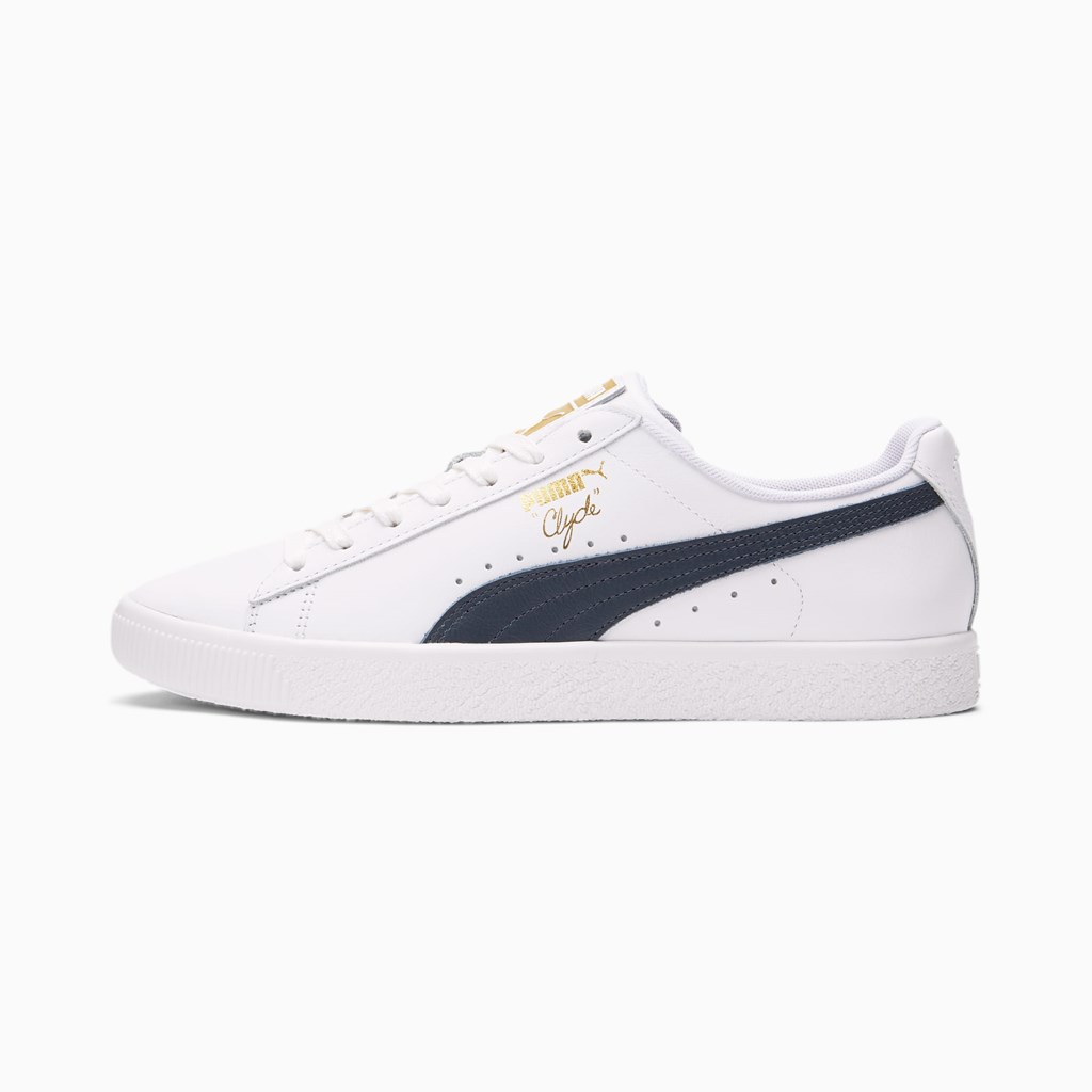 White / New Navy / Team Gold Puma Clyde Core Foil Men\'s Sneakers | 0216JRYNV