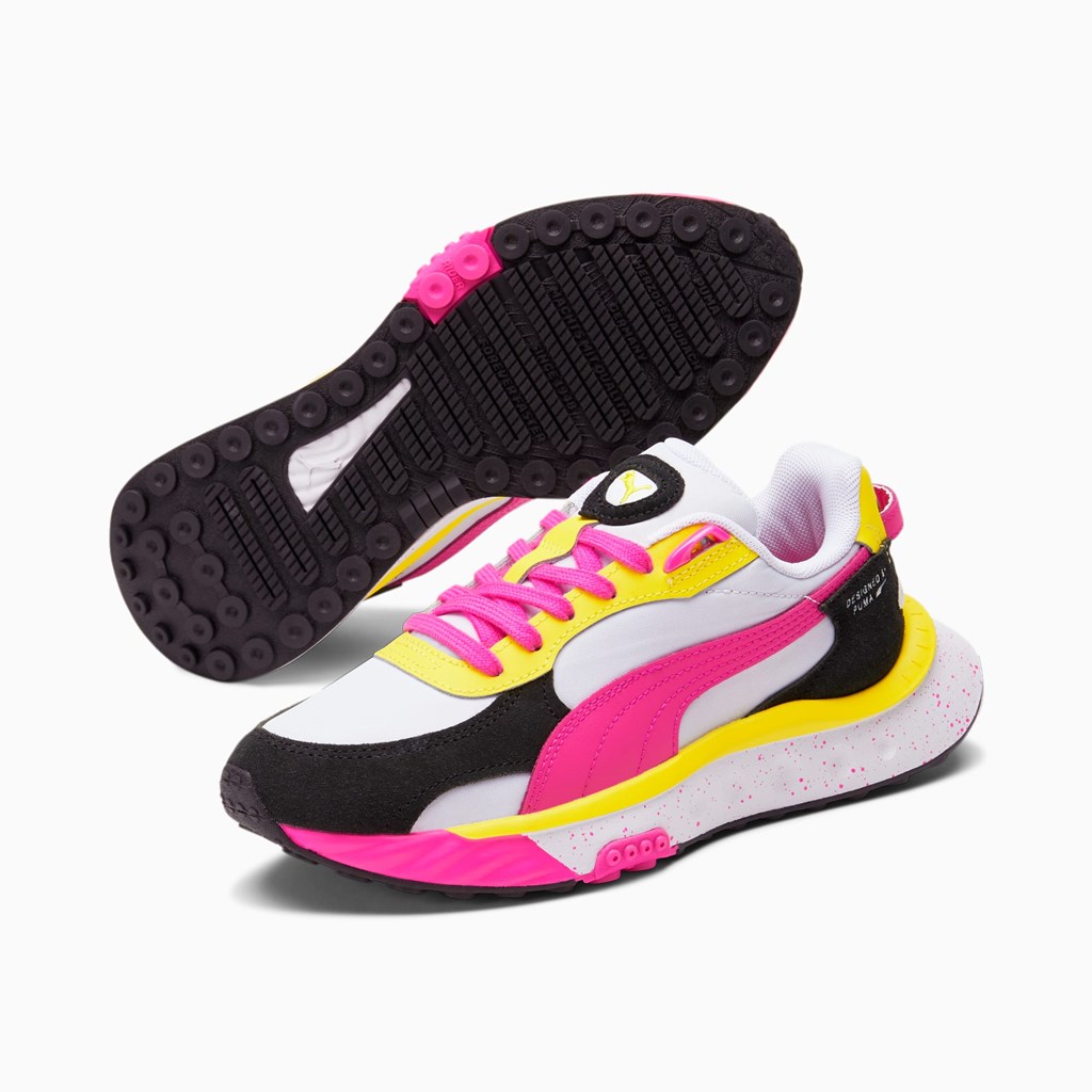 White / Pink Glo / Blazing Yellow Puma Wild Rider Rollin' JR Girls' Sneakers | 0963POXBW