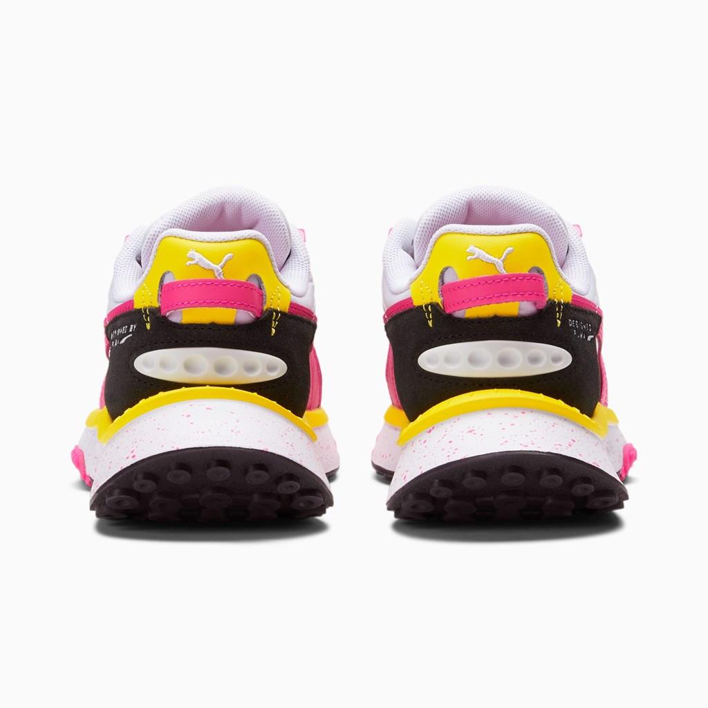 White / Pink Glo / Blazing Yellow Puma Wild Rider Rollin' JR Girls' Sneakers | 0963POXBW