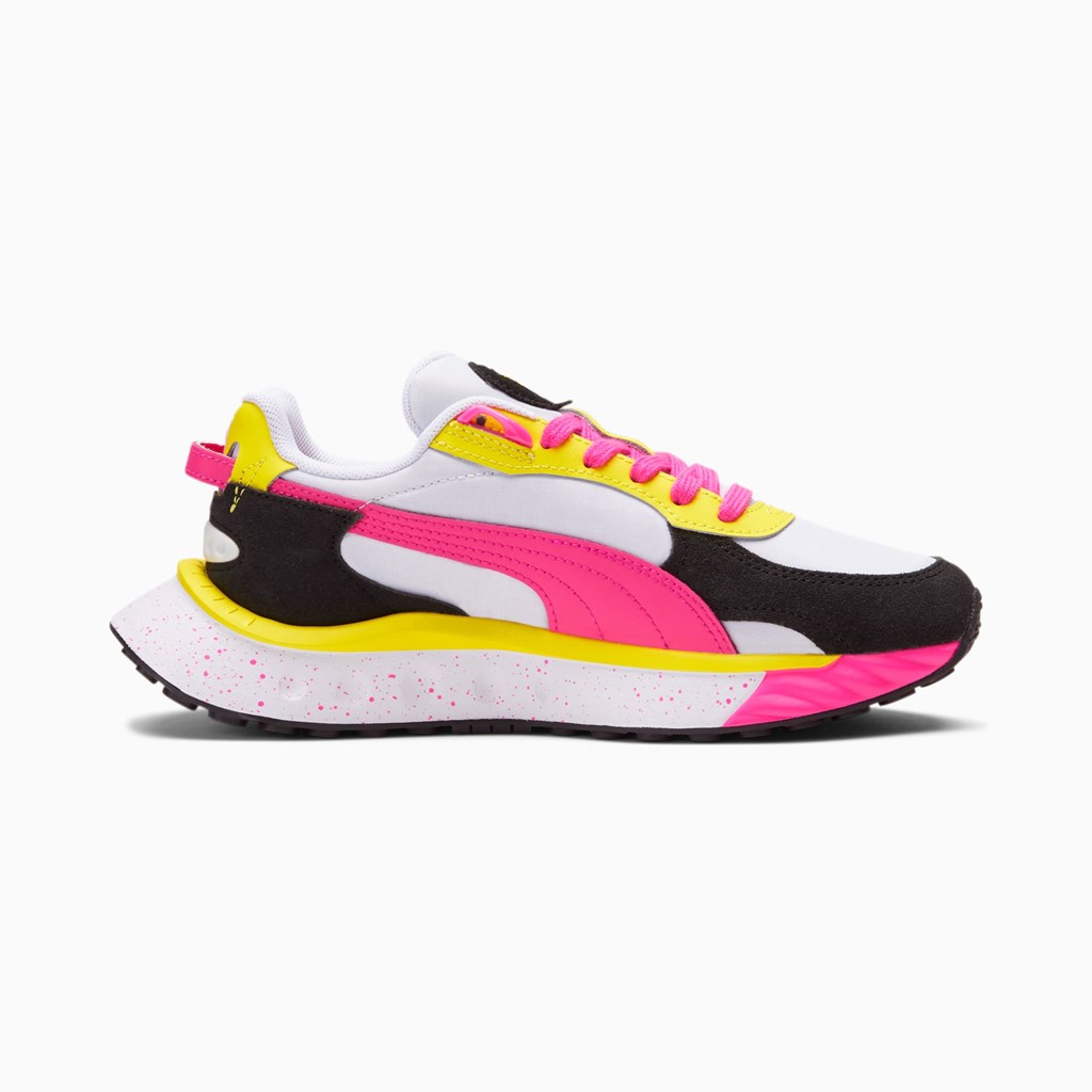 White / Pink Glo / Blazing Yellow Puma Wild Rider Rollin' JR Girls' Sneakers | 0963POXBW