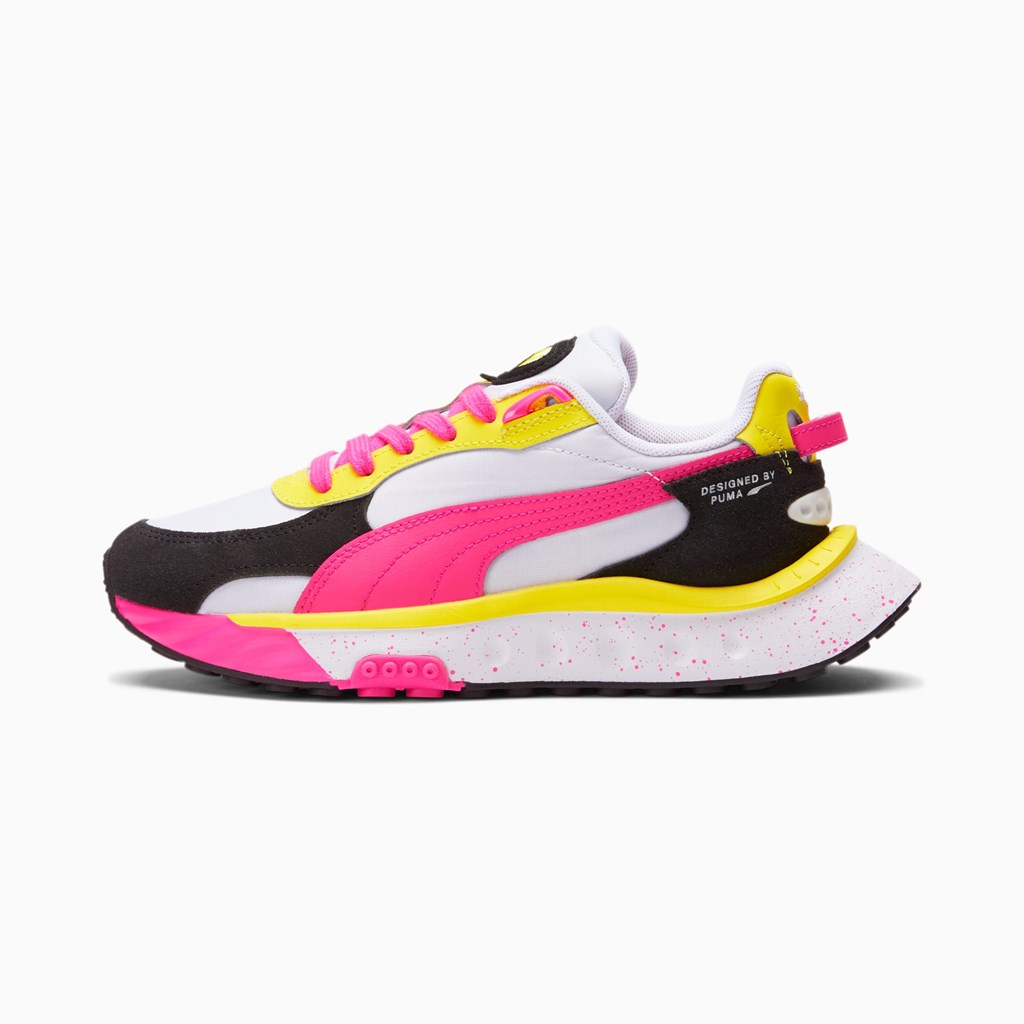 White / Pink Glo / Blazing Yellow Puma Wild Rider Rollin' JR Girls\' Sneakers | 0963POXBW