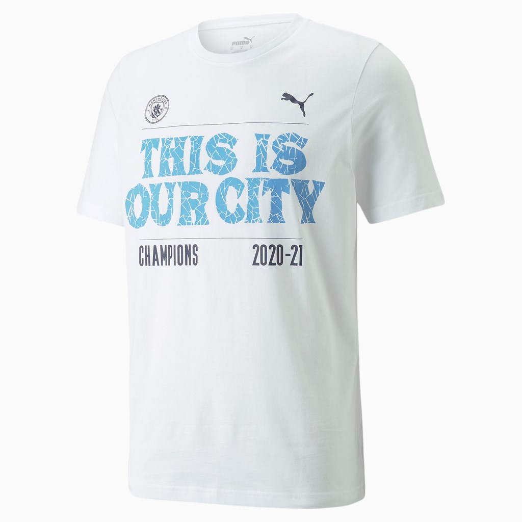 White Puma Man City EPL Winners Soccer Men\'s Tee | 7918RINHB